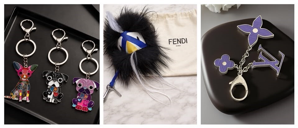 Bag Charms available at The Shopping Cart South Africa Louis Vuitton Purple Monogram Bag Charm, Fendi Black Hair Monster Bag Charm, Dog Charm for Bags or Keys