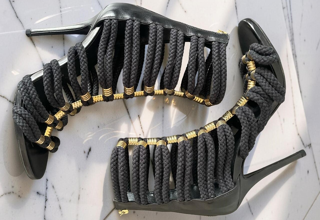 Balmain x H&M Black Gladiator Heel Sandals (Size 5) Balmain x H&M Black Gladiator Heel Sandals on marble surface