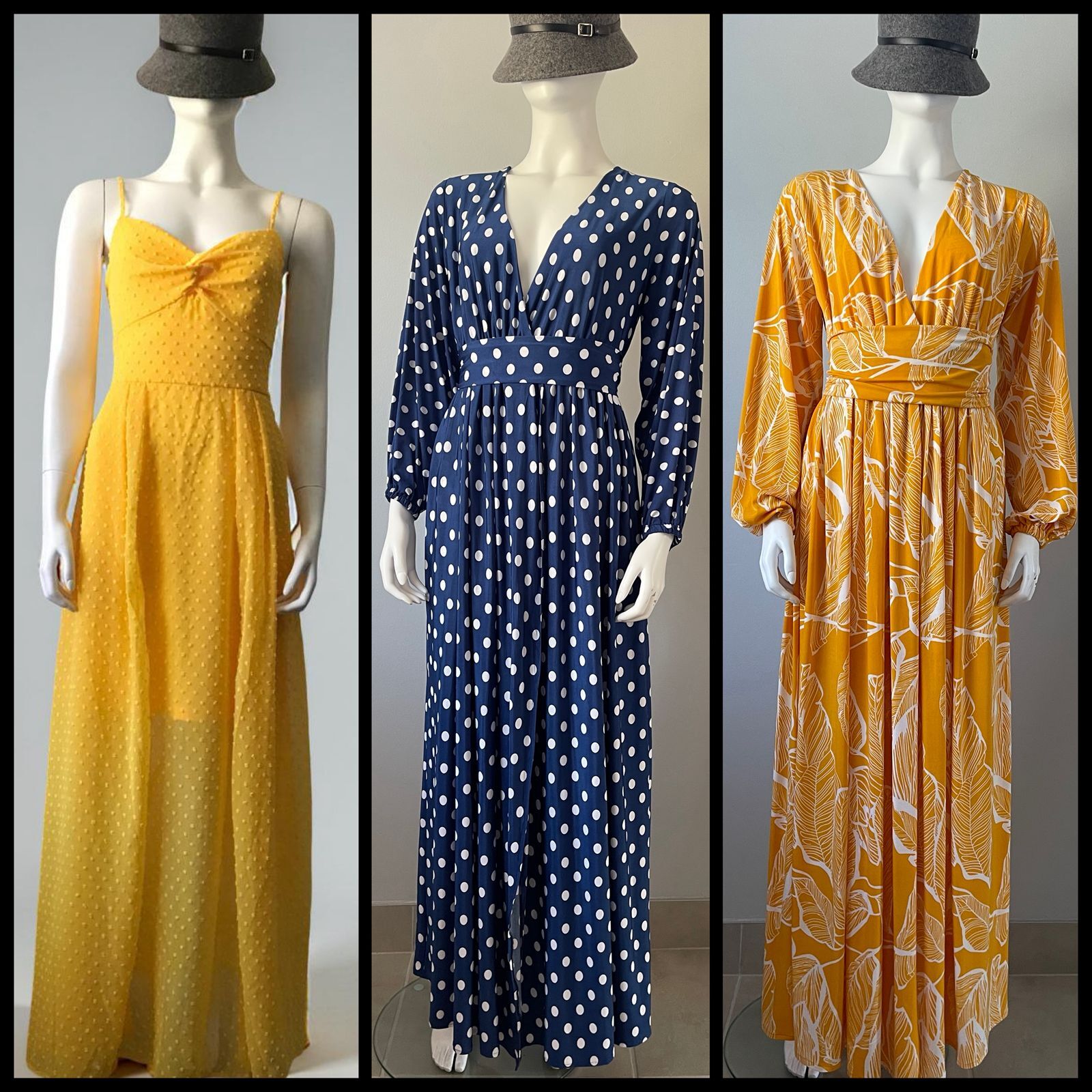 Maxi Dresses displayed on mannequins available at The Shopping Cart - Shein Yellow Maxi, Charlie Irish Blue Polka Dot Maxi, Charlie Irish Yellow with White Leaf Print & Slit Maxi