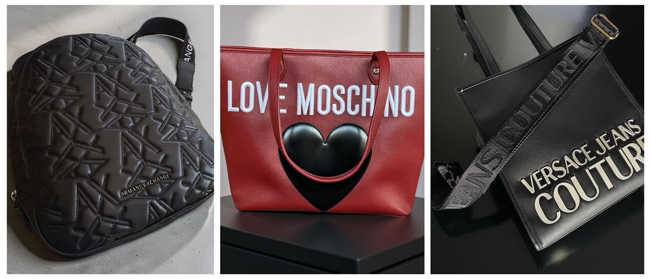 Armani Exchange Black AX Embossed Backpack, Love Moschino Giant Heart Logo Red Tote, Versace Jeans Couture Black Tote Bag