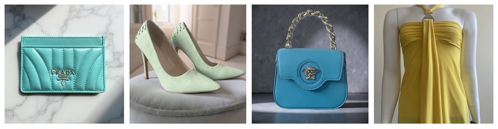 Prada Turquoise Leather Card Holder, Sissy Boy Pastel Green Heels, Versace La Medusa Turquoise Mini Bag, Pinko Yellow Halter Neck Top