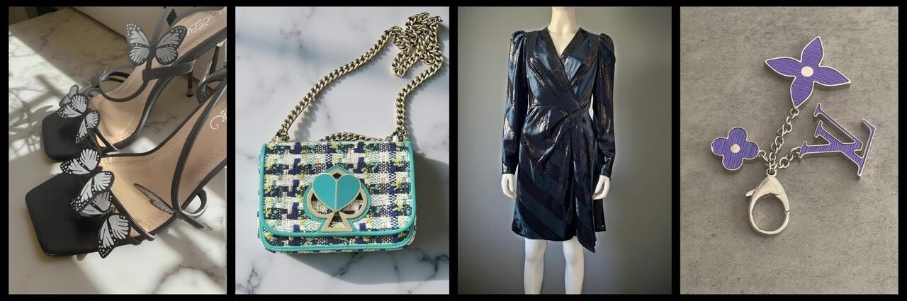 Miss Black Butterfly Heel Sandals, Kate Spade Nicola Tweed Twistlock Bag, Karen Millen Black Metallic Velvet Mini Dress,Louis Vuitton Purple Monogram Bag Charm