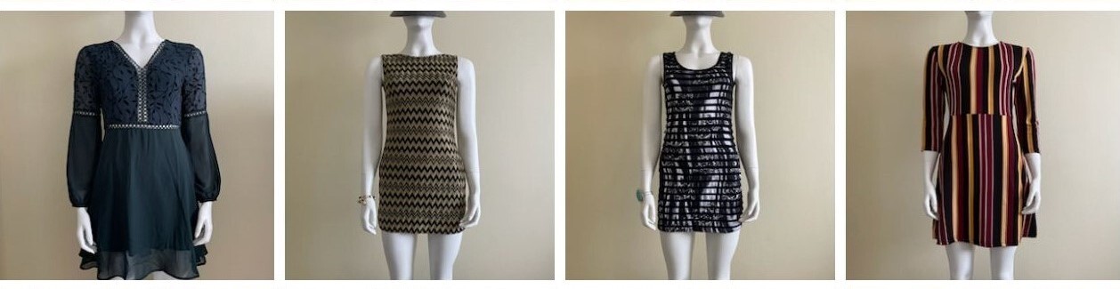 Displayed on mannequins - Shein Green Cut Out Mini Dress, Black & Gold Chevron Mini Dress, Black & White Overlay Mini Dress, Free2u Vertical Stripes Mini Dress