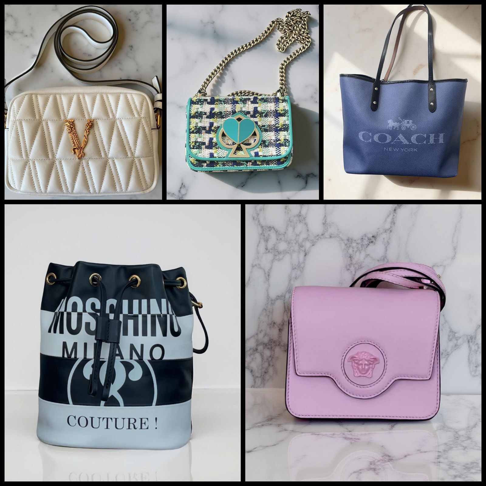 Authentic preowned designer bags available at The Shopping Cart SA - Versace Virtus White Crossbody, Kate Spade Nicola, Coach Canvas Tote, Moschino Couture Monochrome Bucket Bag & Versace Pink Medusa Mini Crossbody Bag