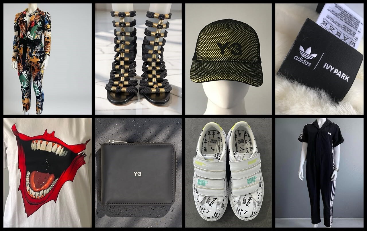 Collage of fashion collaboration clothing & accessories Shein x De Johnea Bianca Multicolour Jumpsuit, Balmain x H&M Black Gladiator Heel Sandals, Y-3 Green Trucker Cap, Ivy Park label, Replay Tribute Limited Edition White Joker T-Shirt, Y-3 Black Bifold Leather Wallet, PUMA x Shantell Martin Platform Strap Sneakers & Adidas x Fiorucci Black Boiler Suit