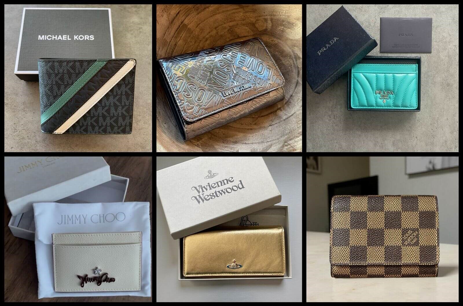 DESIGNER CARDHOLDERS AND WALLETS AT THE SHOPPING CART Michael Kors Navy Embossed Cooper Logo Wallet, Love Moschino Luminous Silver Logo Wallet, Prada Turquoise Leather Card Holder, Jimmy Choo Aries Leather Card Holder, Vivienne Westwood Gold Wimbledon Wallet, Louis Vuitton Damier Ebene Canvas Card Holder