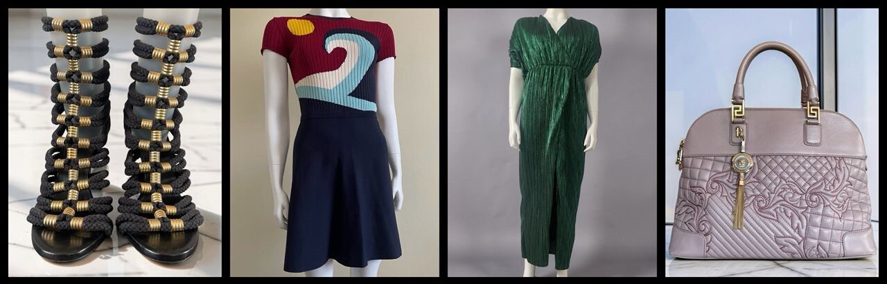 Balmain x H&M Black Gladiator Heel Sandals, Red Valentino Navy Knit Mini Dress, House of Harlow 1960 Emerald Green Evening Maxi Dress, Gianni Versace Vanitas Lavender Leather Shoulder Bag