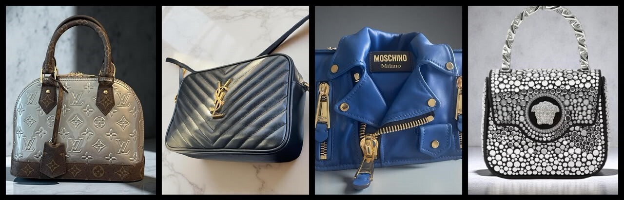 Designer Handbags Collage Louis Vuitton Alma BB, YSL Crossbody Bag, Moschino Shoulder Bag & Versace Mini Bag