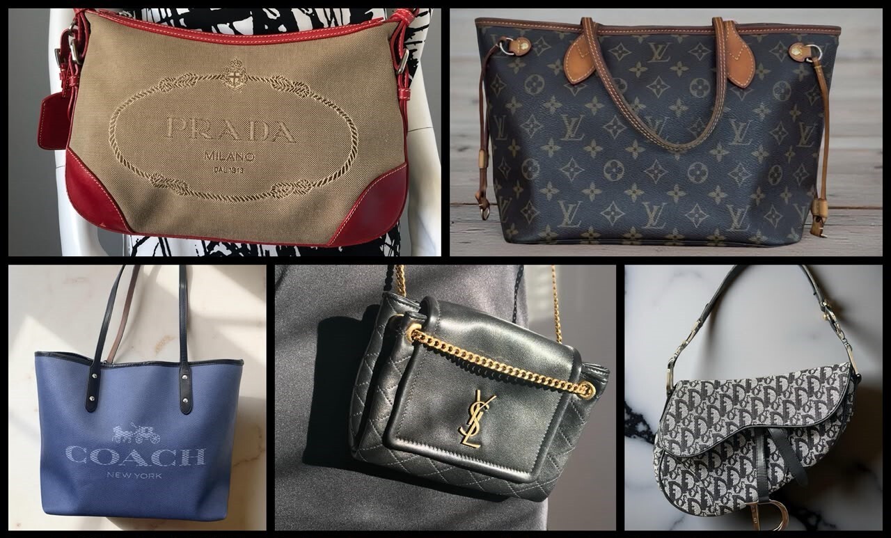 Designer Handbags available at The Shopping Cart Prada Canapa Canvas Crossbody Bag, Louis Vuitton Monogram Canvas Neverfull PM, Coach Blue Canvas Reversible Tote Bag, YSL Black Nolita Mini Crossbody Bag, Christian Dior Black Monogram Saddle Bag