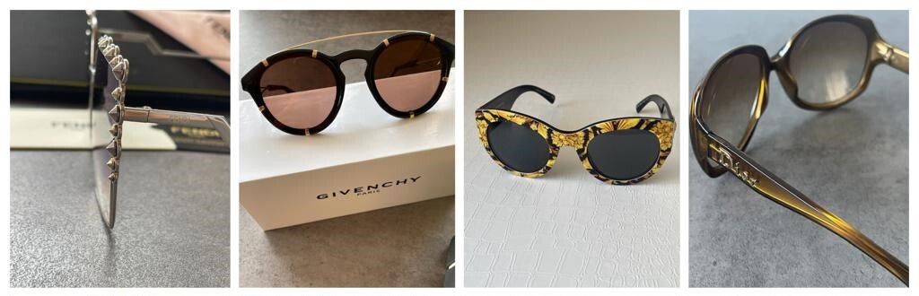 Designer Sunglasses available at The Shopping Cart South Africa Fendi Silver Studded Oversized Square Sunglasses, Givenchy Brown Tinted Aviator Sunglasses, Versace Tribute Yellow Barocco Print Sunglasses, Christian Dior Gold Brown Oversized Sunglasses