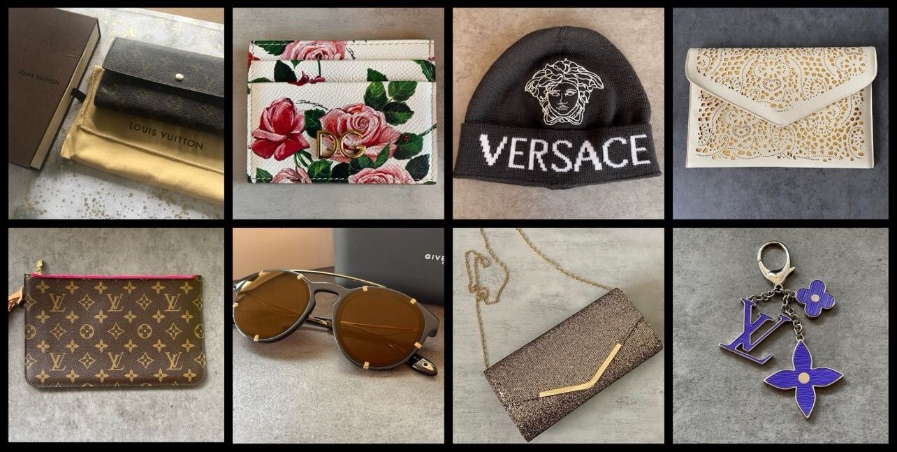 FASHION ACCESSORIES AT THE SHOPPING CART Louis Vuitton Trifold Wallet, D&G Rose Print Card Holder, Versace Black Wool Beanie, Ivory Cut Out Envelope Clutch, LV Monogram Canvas Pochette, Givenchy Aviator Sunglasses, Glitter Clutch, LV Bag Charm