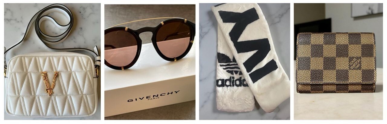 Versace Virtus White Quilted Crossbody Bag, Givenchy Brown Tinted Aviator Sunglasses, Adidas x Ivy Park White Fur Scarf, Louis Vuitton Damier Ebene Canvas Card Holder