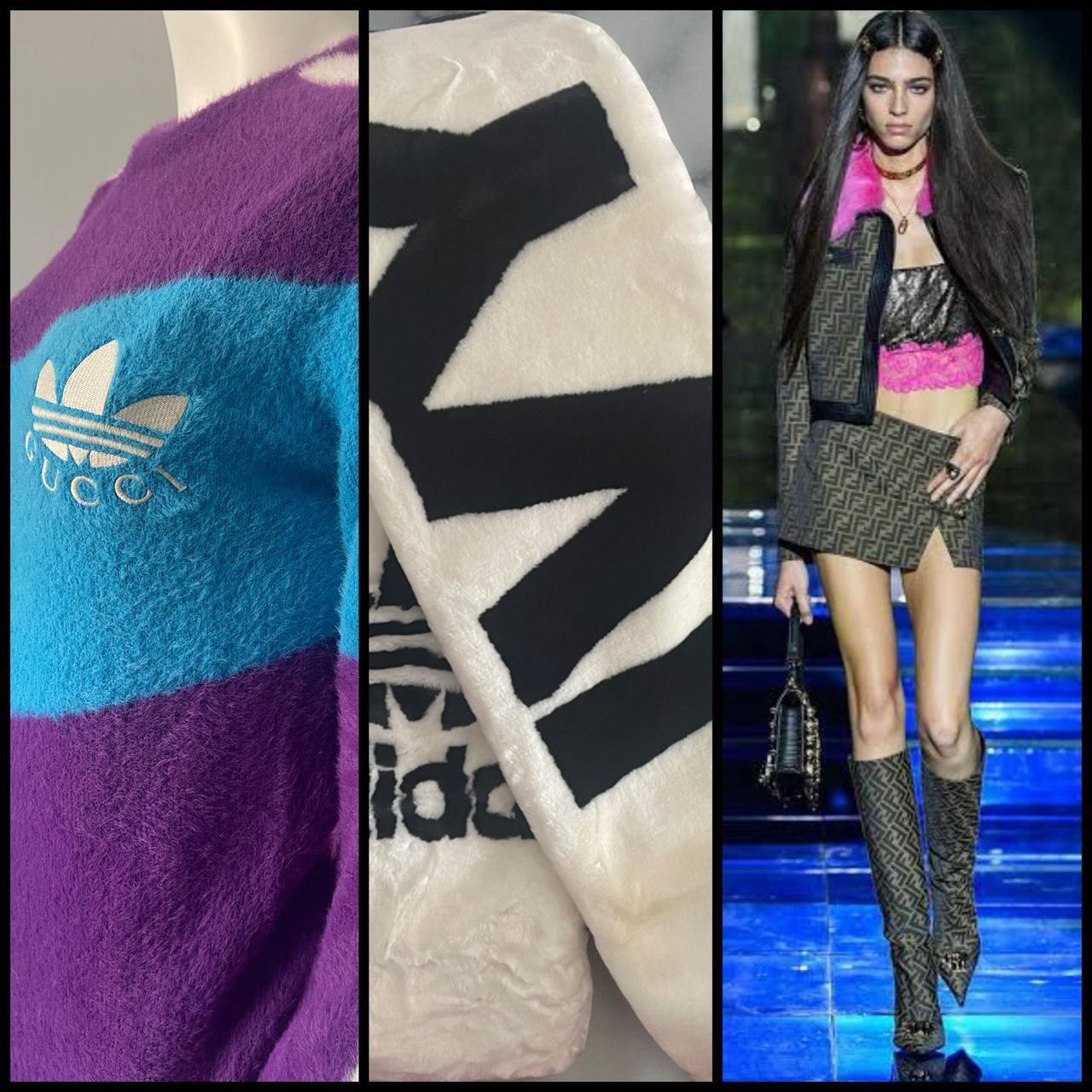 Gucci x Adidas jersey knit, IVY PARK white scarf & Fendace outfit worn on runway