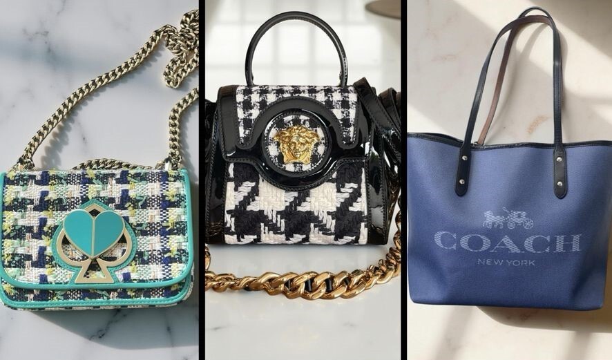 Kate Spade Tweed Twist Lock bag, Versace La Medusa Tweed Bag and a Coach Canvas Tote