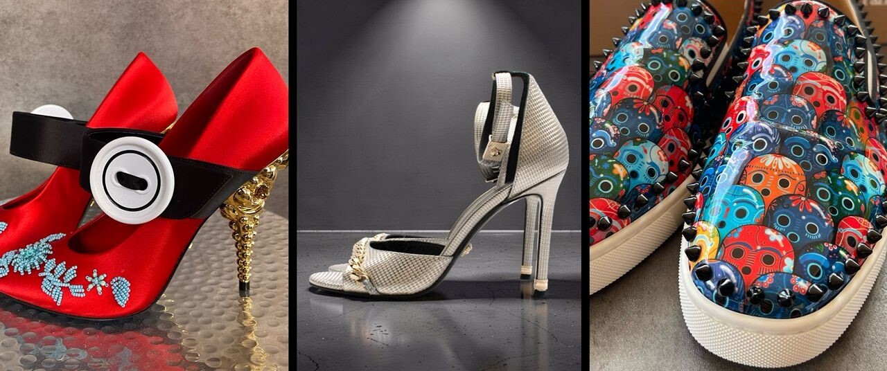 Prada Red Mary Jane Satin Heels, Versace Chain Detail Metallic Silver Heels and Christian Louboutin Skull Print Slip-On Spike Sneakers