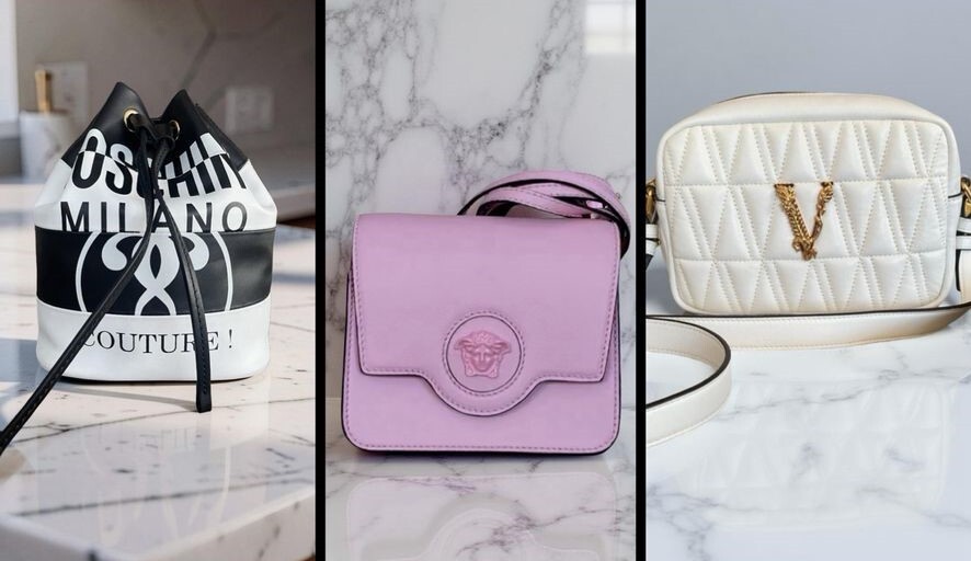 Moschino Monochrome Crossbody Bucket Bag, Versace Medusa Pink Mini Crossbody Bag & Versace Virtus White Quilted Crossbody Bag