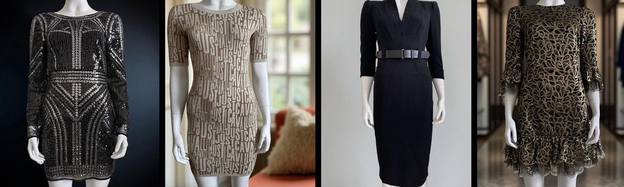 Designer Handbags available at The Shopping Cart Karen Millen Black Sequin Bodycon Mini Dress, Just Cavalli Gold Glitter Logo Knit Bodycon Dress, Karen Millen Black Tailored Midi Dress, Michael Kors Gold Metallic Lace Mini Dress