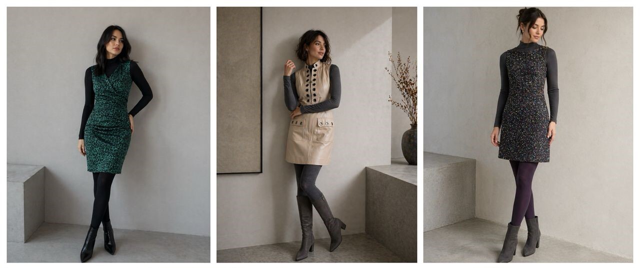 Lifestyle image - models wearing sleeveless dresses styled with long sleeved top, leggings and boots