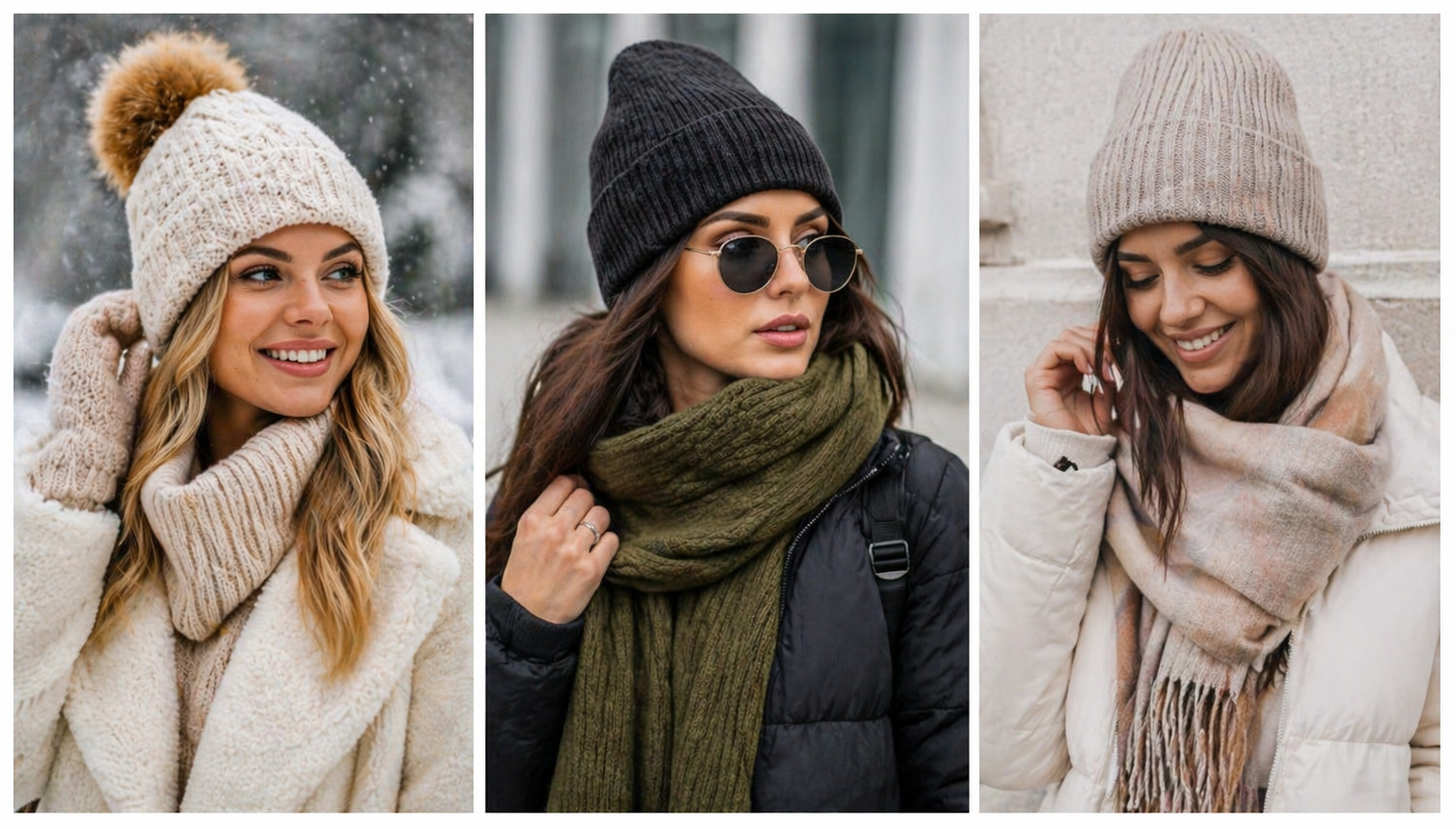 Lifestyle collage of 3 women dressed in beanies, scarfs and winter jackets