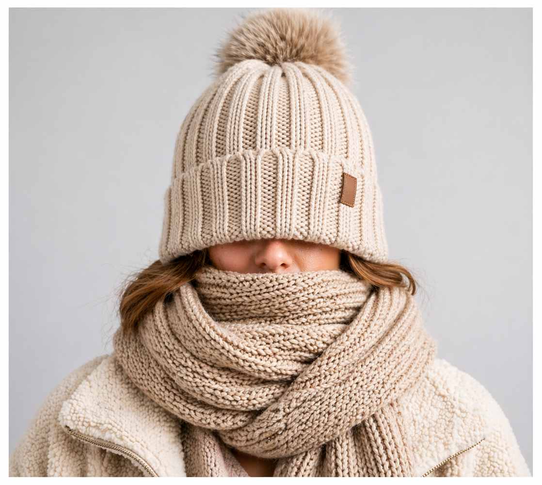 Lifestyle shot of women wearing a beanie over her eyes, large wool scarf and furry jacket