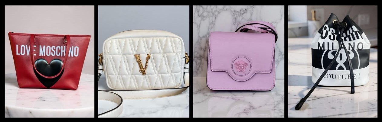 Designer handbags available at The Shopping Cart Love Moschino Giant Heart Logo Red Tote, Versace Virtus White Quilted Crossbody Bag, Versace Medusa Pink Mini Crossbody Bag, Moschino Monochrome Crossbody Bucket Bag