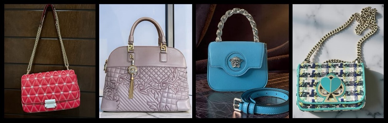 Designer handbags available at The Shopping Cart Michael Kors Red Leather Crossbody Bag, Versace Vanitas Lavender Leather Shoulder Bag, Versace La Medusa Turquoise Mini Bag & Kate Spade Nicola Tweed Twistlock Bag