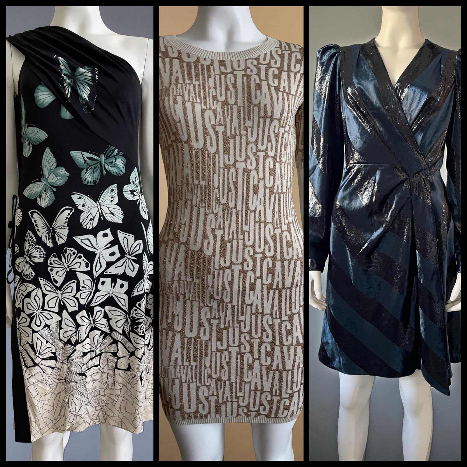 Versace Butterfly dress, Just Cavalli Bodycon, Karen Millen Metallic Mini worn on mannequins