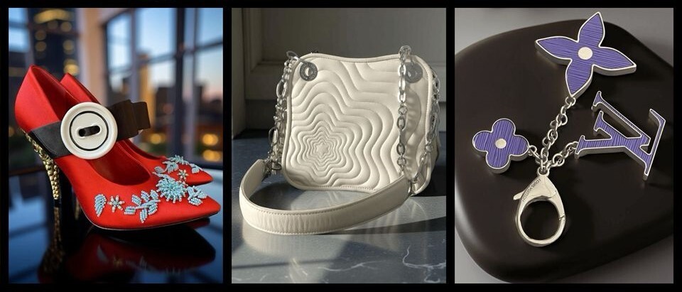 Prada Red Satin Mary Jane Heels, Montblanc White Starisma Shoulder Bag, Louis Vuitton Purple Monogram Bag Charm
