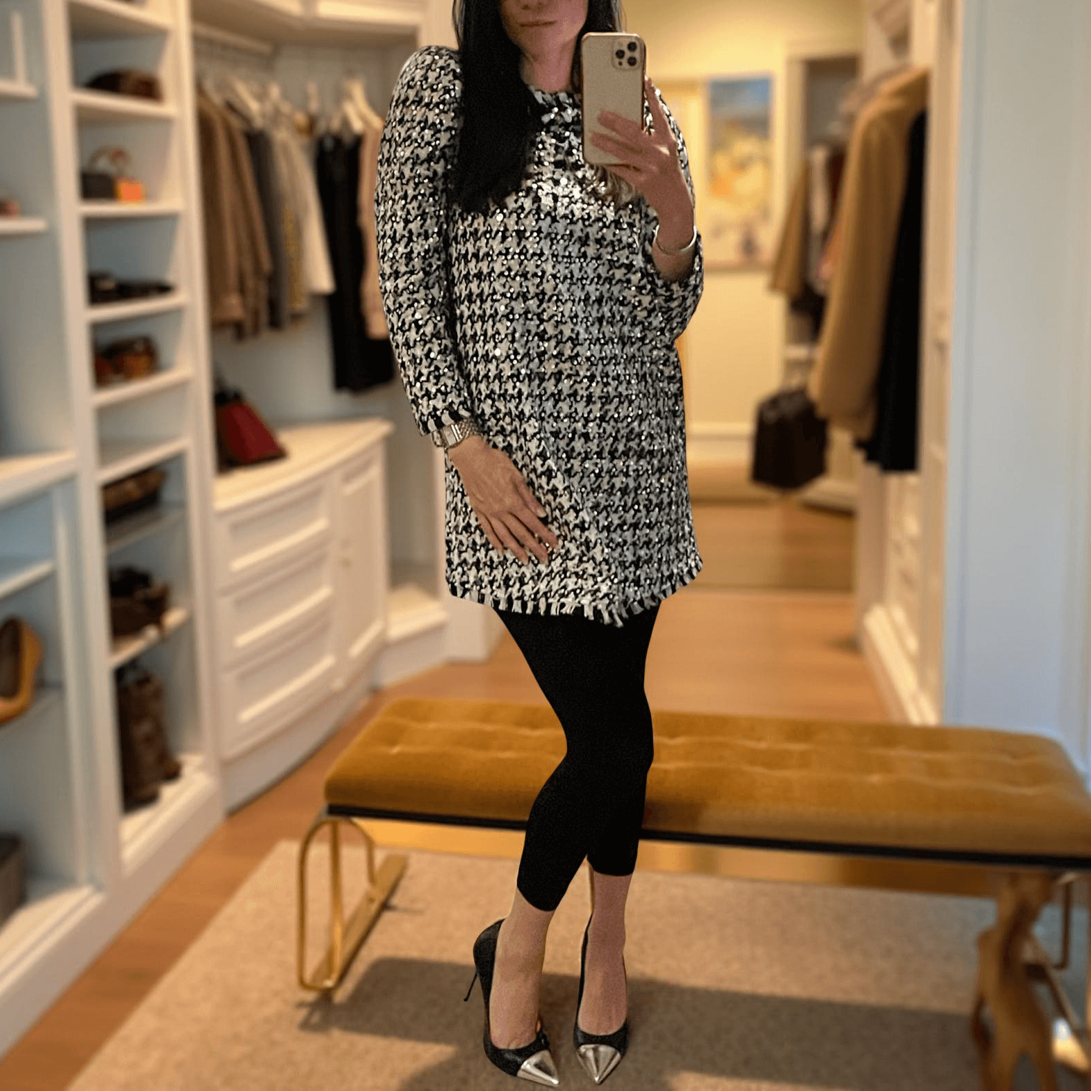 Pre-owned, like-new Zara dress, restyled with ease — proof that great fashion deserves a second chance. Preowned Zara Long Sleeve Sequin Houndstooth Mini Dress - worn on model in like-new condition