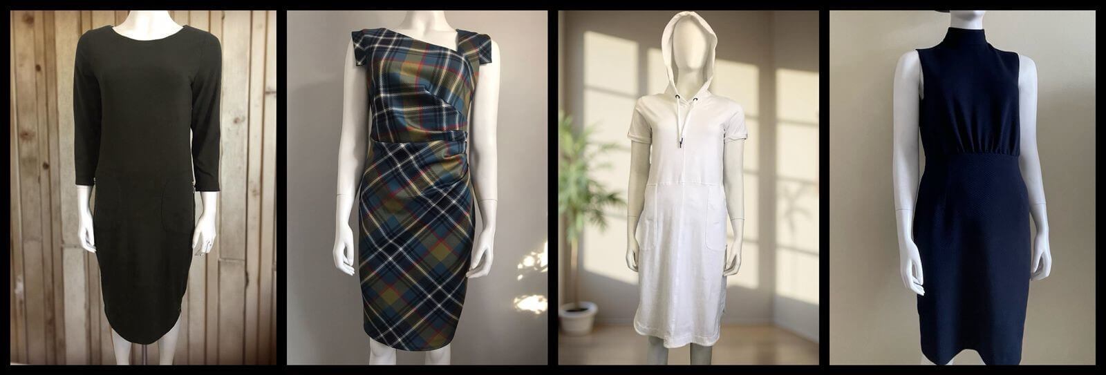Midi Dresses displayed on mannequins available for purchase - Truworths Green Knit Midi, City Goddess London Plaid Midi, Love Moschino Navy Knit Midi and Earth Addict White Hooded Midi