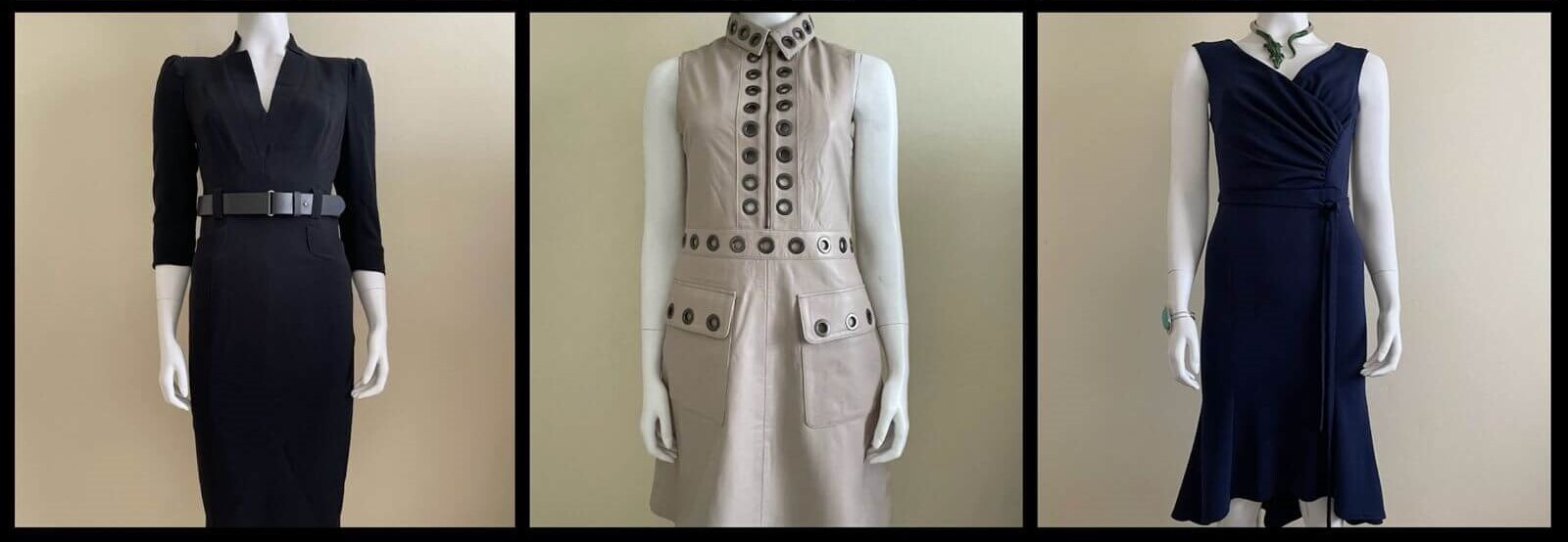 Karen Millen Black Tailored Midi Dress, Karen Millen Tan Leather Mini Dress & City Goddess Belted Midi displayed on mannequins
