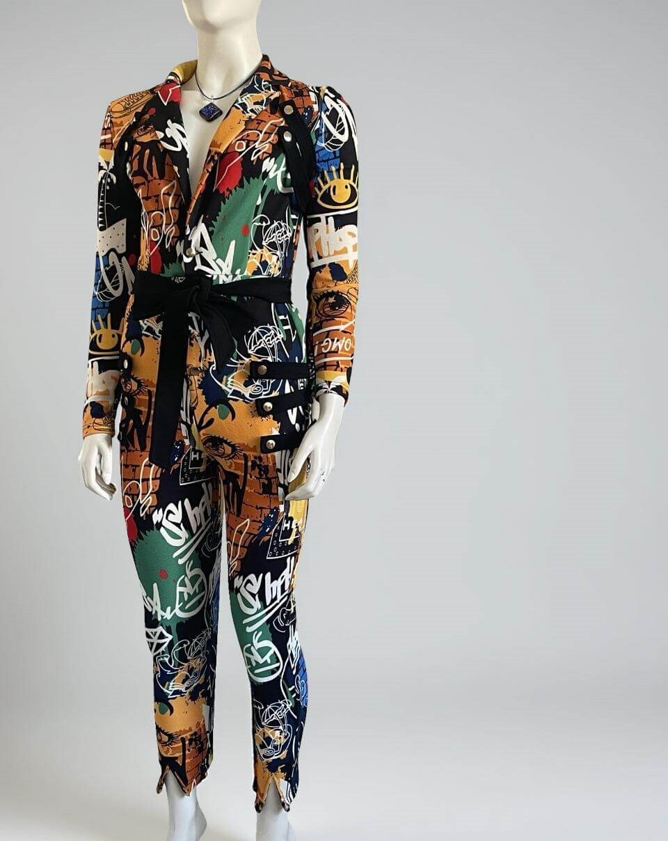 Shein x De Johnea Bianca multicolor Jumpsuit with black belt worn on mannequin