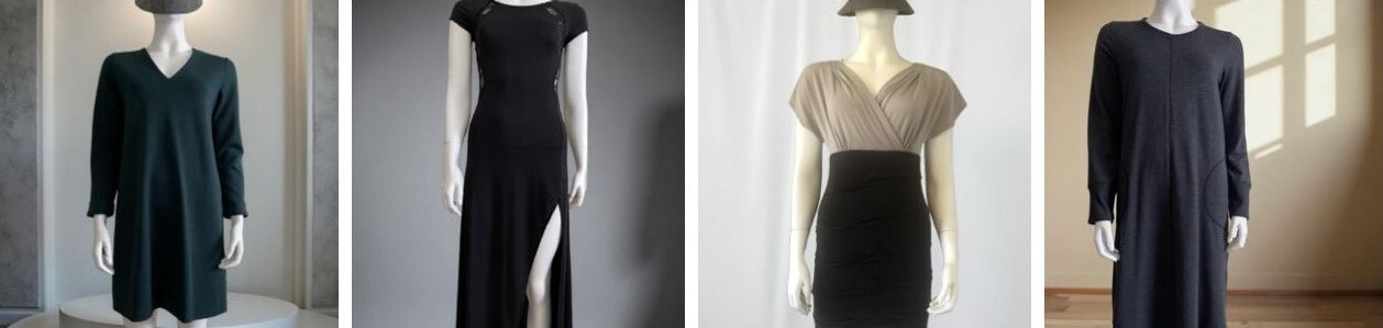 Mango Green Mini Dress, Black Sheer Detail Maxi Dress, Lora Piana Ruched Bodycon Mini Dress,Truworths Grey Casual Knit Midi Dress displayed on mannequins