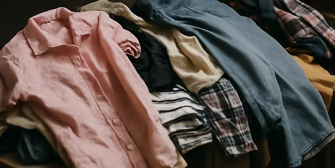 The old view of second-hand fashion — cluttered, worn, and forgotten. Thrift market display selling preloved clothes