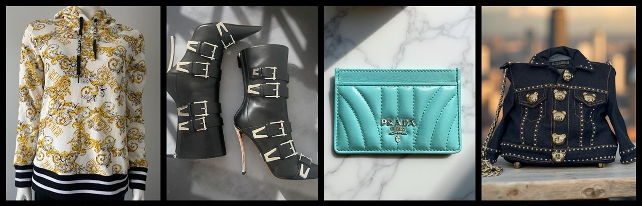 Versace Jeans Couture white & gold baroque hoodie, Versace Pin Point Mid Calf Buckle Boots, Prada Turquoise Cardholder, Moschino Black Denim Jacket Bag