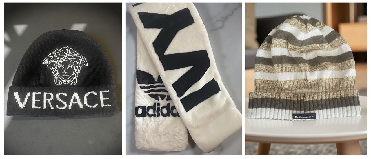 Versace Medusa black wool beanie, Ivy Park White fur scarf, D&G wool beanie in tones of brown & white