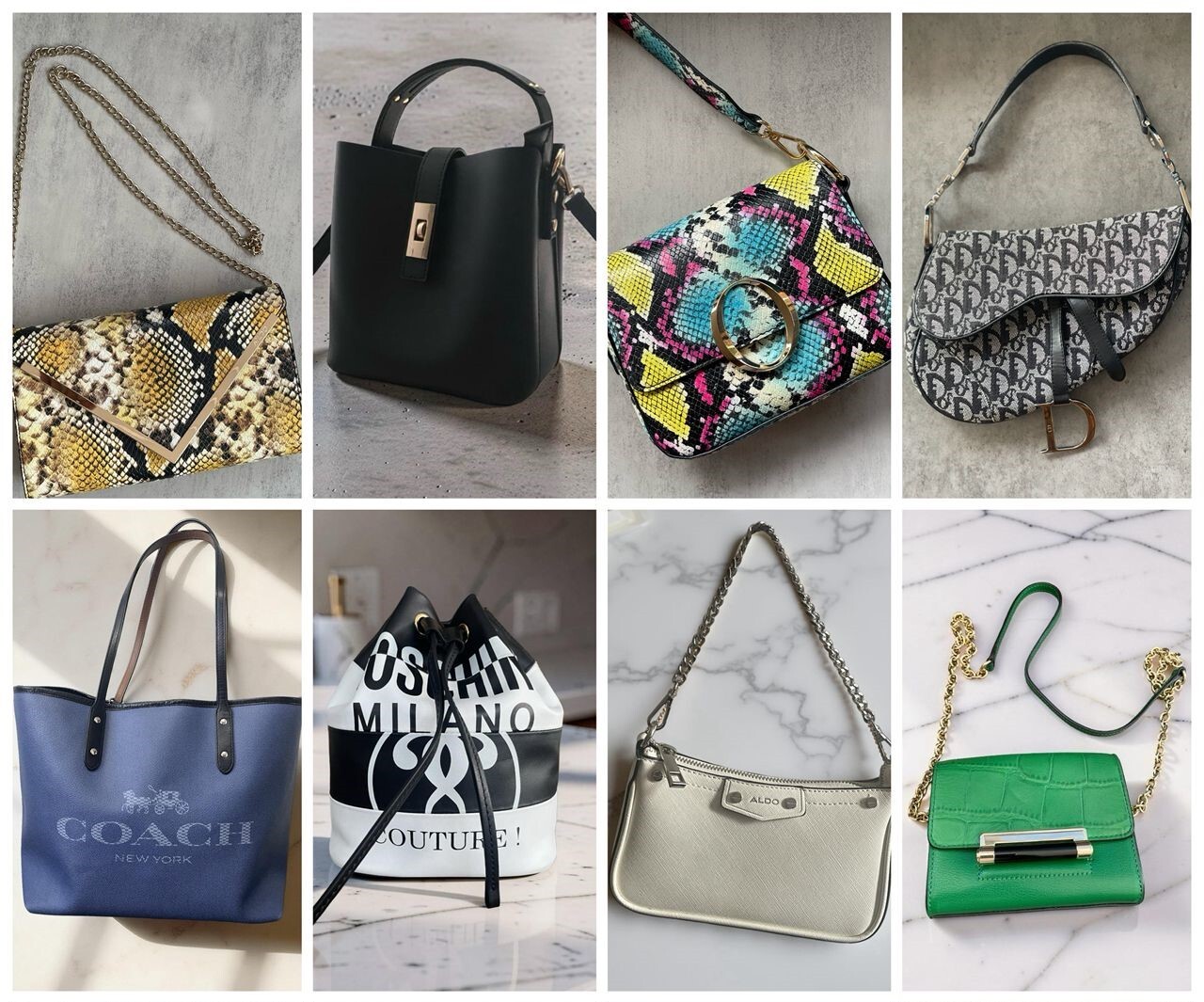 Aldo Yellow Snake Print Crossbody Envelope Clutch, Woolworths Black Crossbody Twist Lock Bucket Bag, Aldo Multicolour Snake Print Handbag, Christian Dior Black Monogram Saddle Bag, Coach Blue Canvas Reversible Tote Bag, Moschino Monochrome Crossbody Bucket Bag, Aldo White Crossbody Mini Bag, Diane Von Furstenberg Green Crossbody Mini Bag