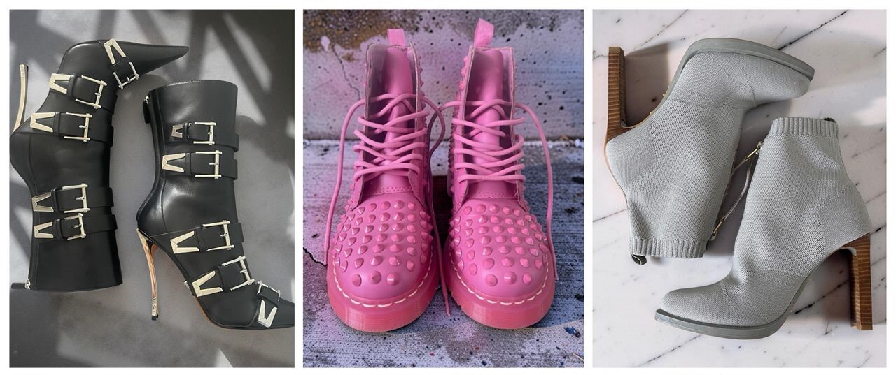 Versace Black pin-point bucket boots,  Dr. Martens Pink Studded Boots, G-Star Raw grey knit ankle boots.