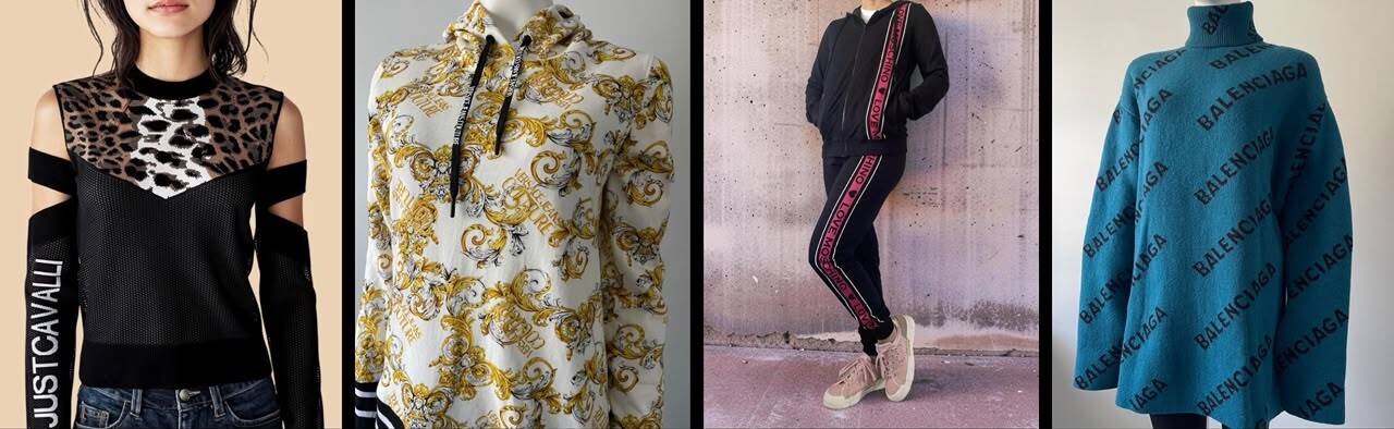Women's Designer Clothing at The Shopping Cart South Africa Just Cavalli Black Cut Out Leopard Print Knit Sweater, Versace Jeans Couture White & Gold Baroque Print Hoodie, Love Moschino Black Hooded Logo Tracksuit & Balenciaga Oversized Teal Monogram Wool Jersey